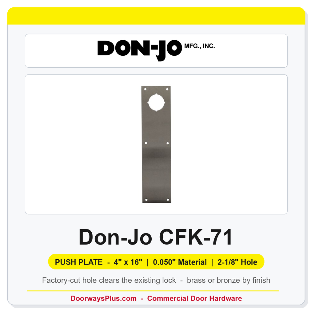 Don-Jo CFK-71 Push Plate | 4" x 16" x 0.050" | 2-1/8" Hole