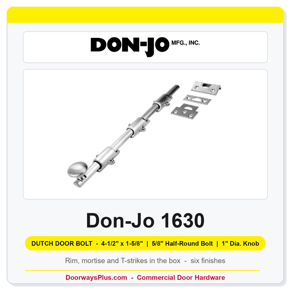 Don-Jo 1630 Dutch Door Bolt | 4-1/2" x 1-5/8", 5/8" Half-Round Bolt, 1" Dia. Knob | Solid Brass