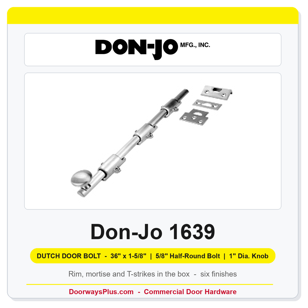 Don-Jo 1639 Dutch Door Bolt | 36" x 1-5/8", 5/8" Half-Round Bolt, 1" Dia. Knob | Solid Brass