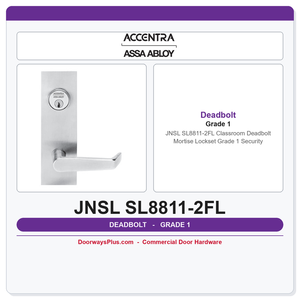 Accentra JNSL SL8811-2FL Classroom Deadbolt Mortise Lockset – Grade 1 Security