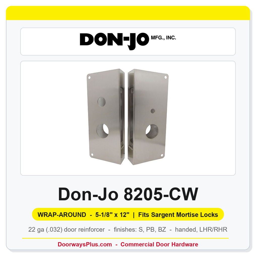 Don-Jo 8205-CW Wrap-Around Plate | 5-1/8" x 12" | Sargent Mortise Lock | 2-3/4" Backset