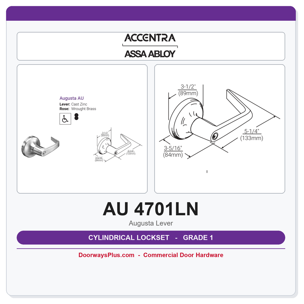 Accentra 4701LN Grade 1 Passage Latchset – AU Lever (Formerly Yale 4701LN)