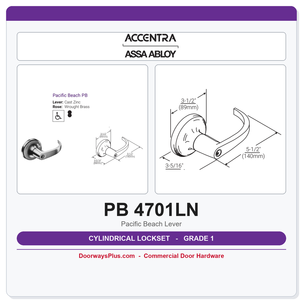 Accentra PB 4701LN Grade 1 Passage Latchset – Polished Brass Lever | 4700LN Series