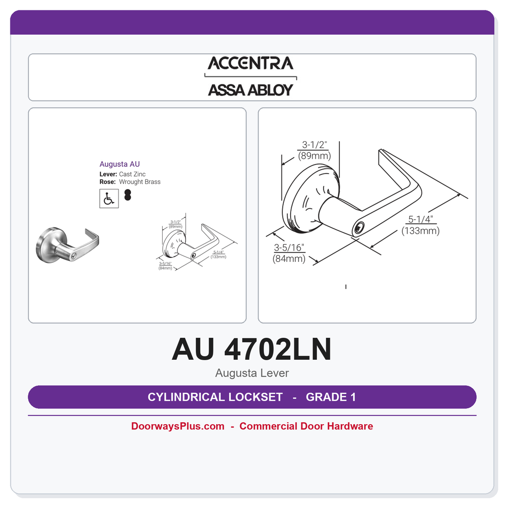 Accentra AU 4702LN Grade 1 Privacy Latchset – 4700LN Series Cylindrical Lever