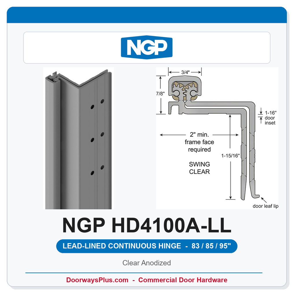 NGP HD4100A-LL Concealed Swing-Clear Geared Continuous Hinge Lead-Lined Dual-Row 83/85/95" Clear Anodized | National Guard
