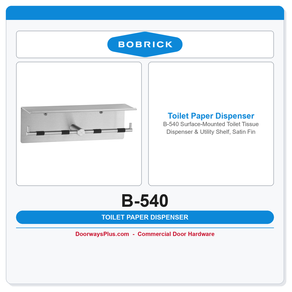Bobrick B-540 Surface-Mounted Toilet Tissue Dispenser & Utility Shelf, Satin Finish