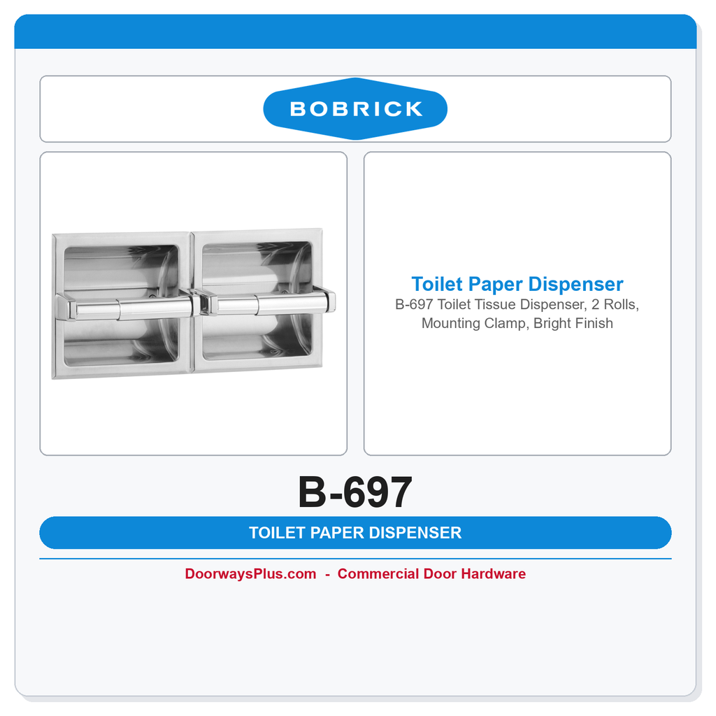 Bobrick B-697 Toilet Tissue Dispenser, 2 Rolls, Mounting Clamp, Bright Finish