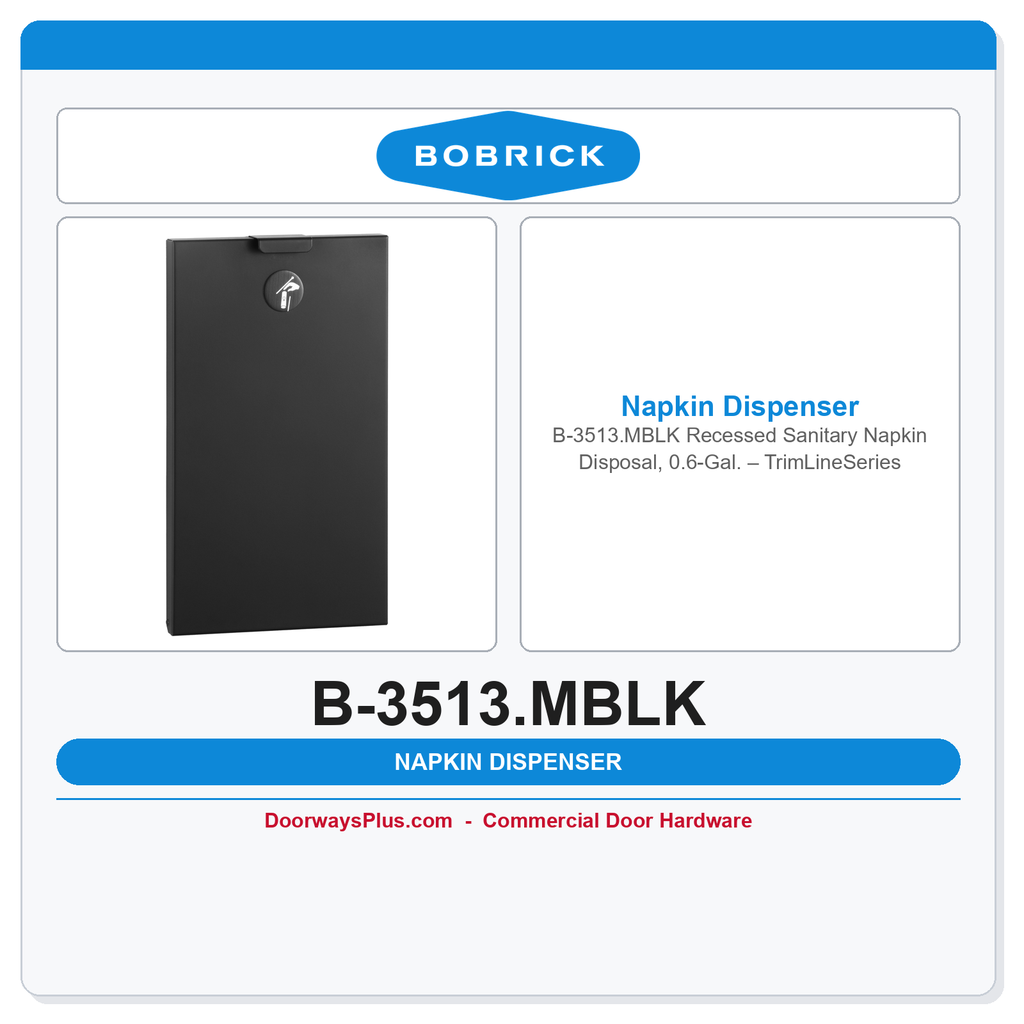 Bobrick B-3513.MBLK Recessed Sanitary Napkin Disposal, 0.6-Gal., TrimLineSeries, Matte Black