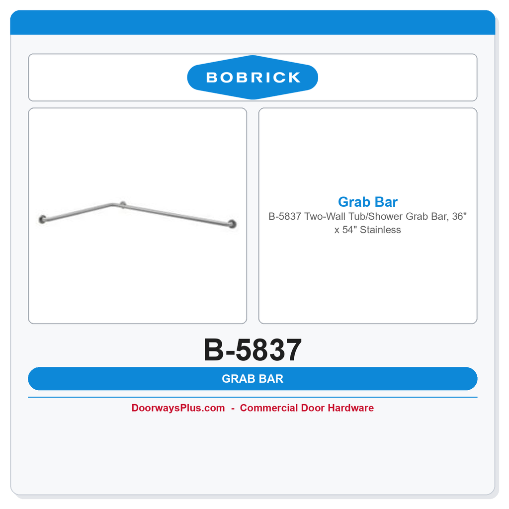 Bobrick B-5837 Two-Wall Tub/Shower Grab Bar, 36" x 54" Stainless