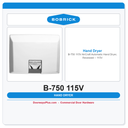 Bobrick B-750 115V AirCraft Automatic Hand Dryer, Recessed – 115V