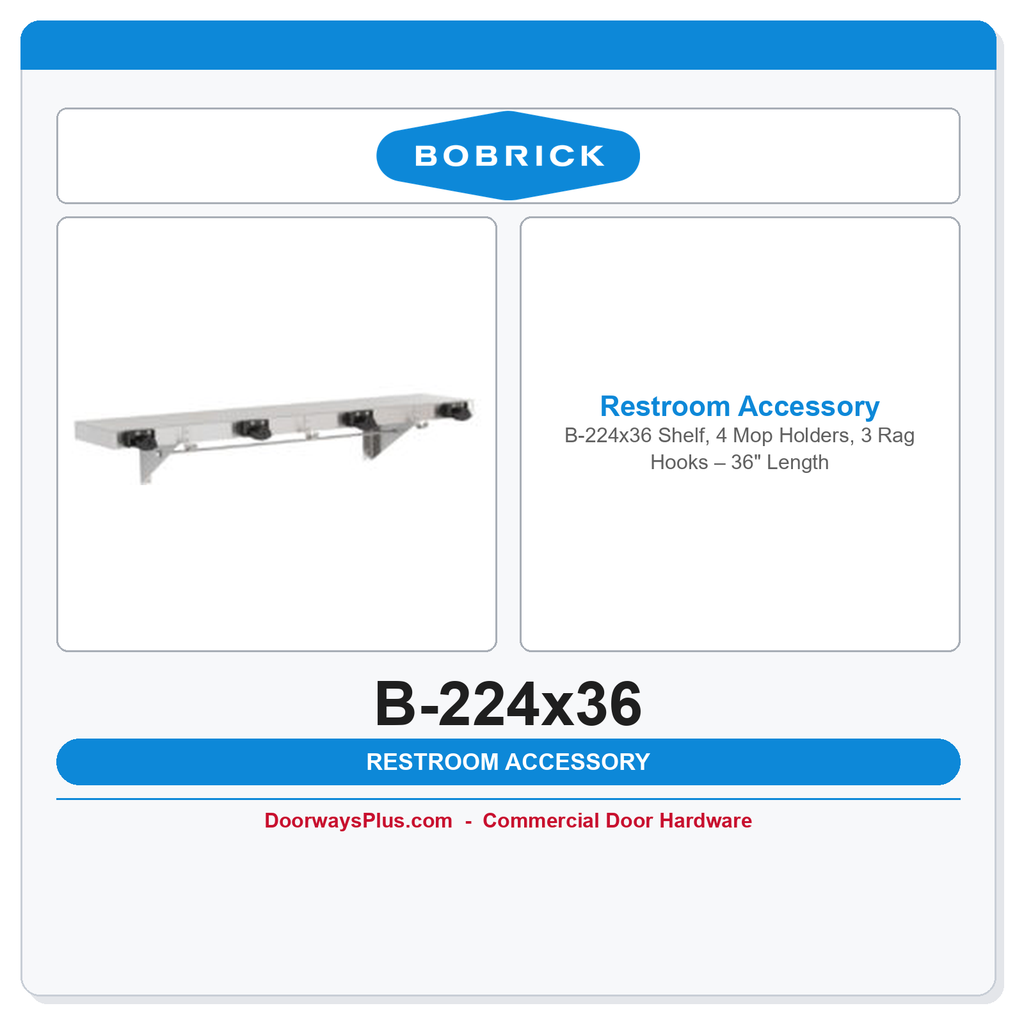 Bobrick B-224x36 Shelf, 4 Mop Holders, 3 Rag Hooks – 36" Length