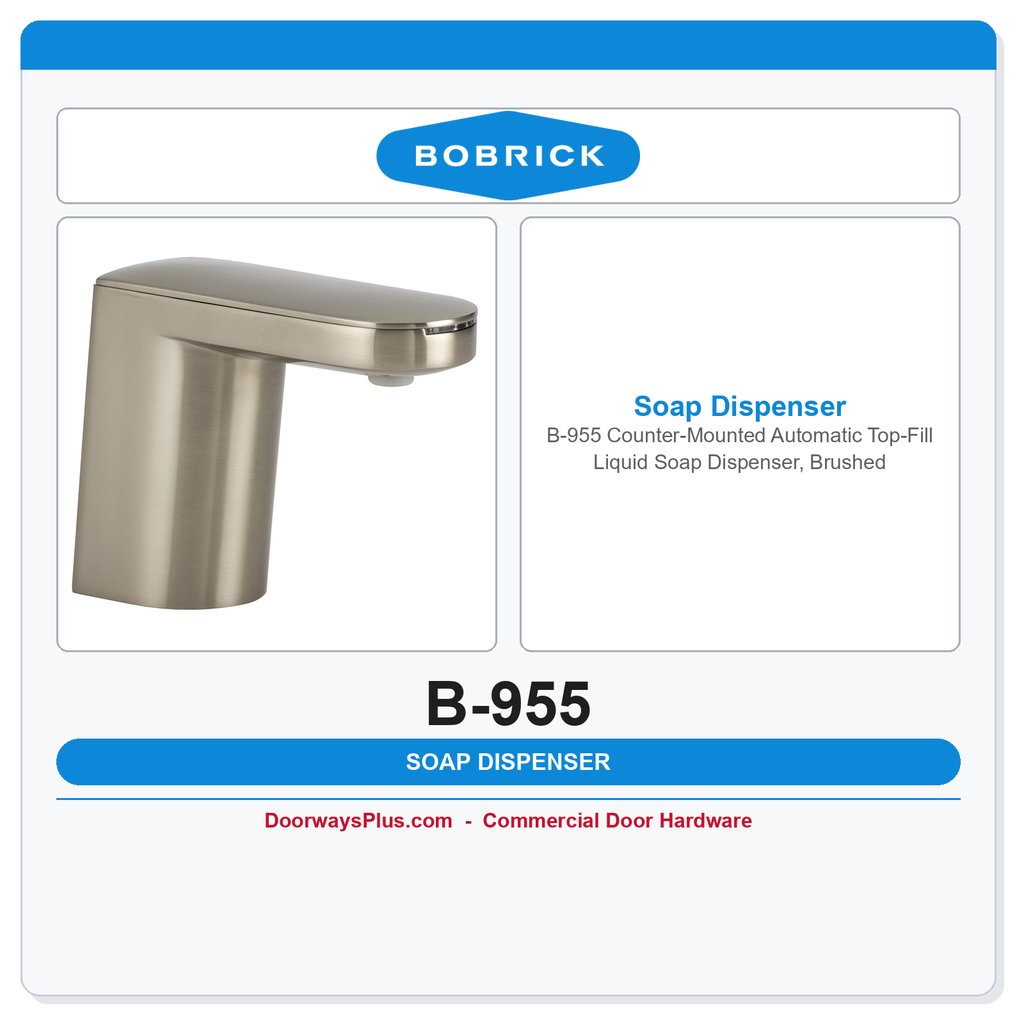 Bobrick B-955 Counter-Mounted Automatic Top-Fill Liquid Soap Dispenser, Brushed Nickel
