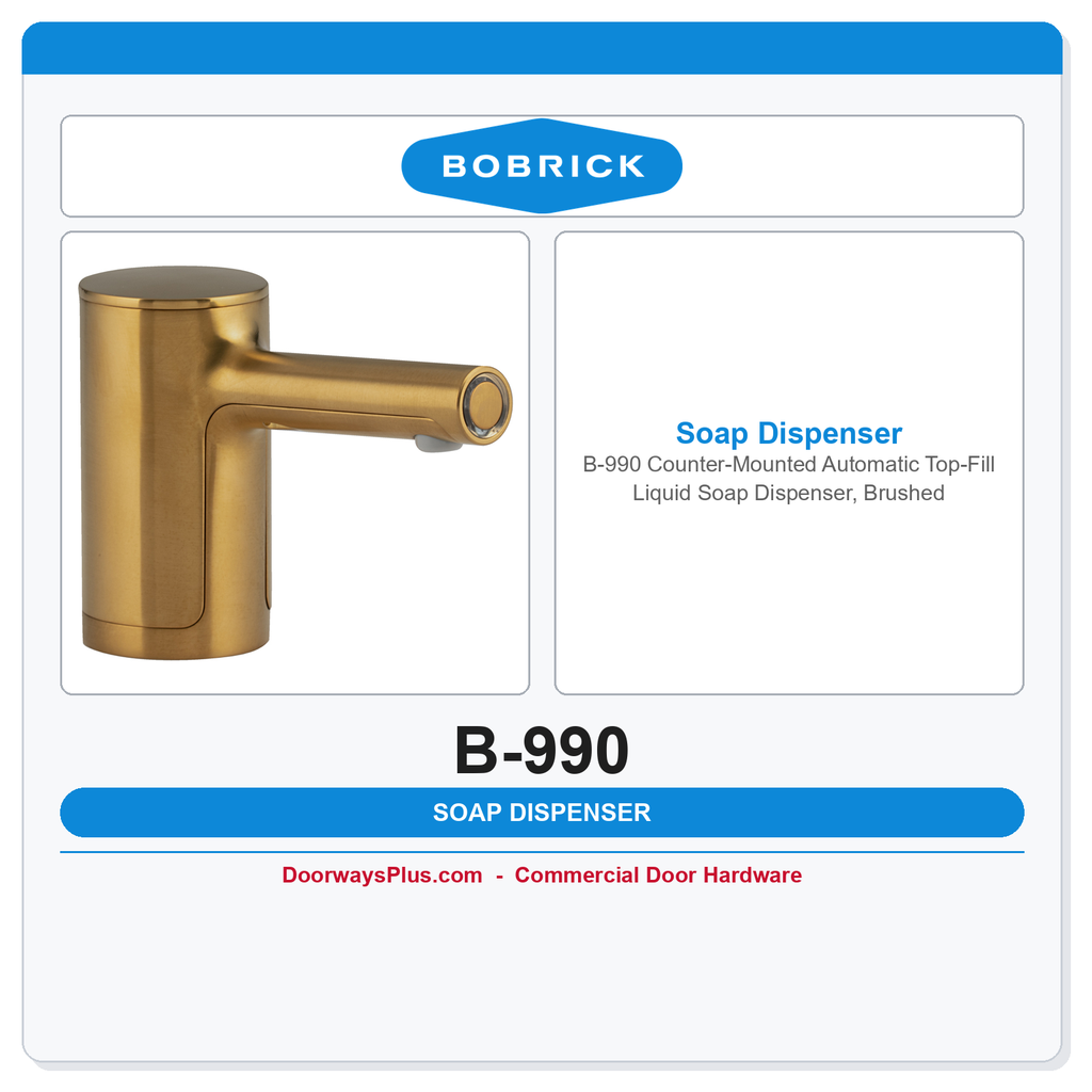 Bobrick B-990 Counter-Mounted Automatic Top-Fill Liquid Soap Dispenser, Brushed Brass