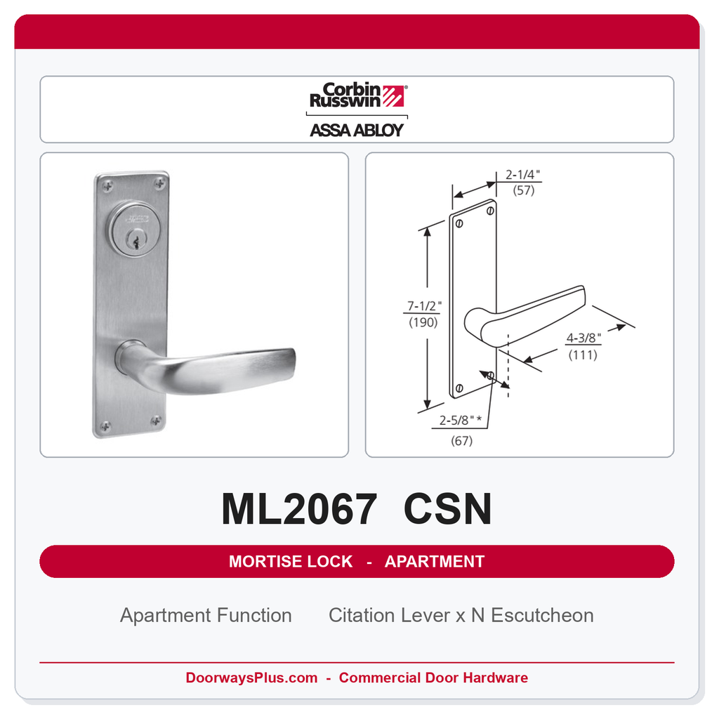 Corbin Russwin ML2067 CSN Apartment or Dormitory Mortise Lockset | Grade 1 Commercial