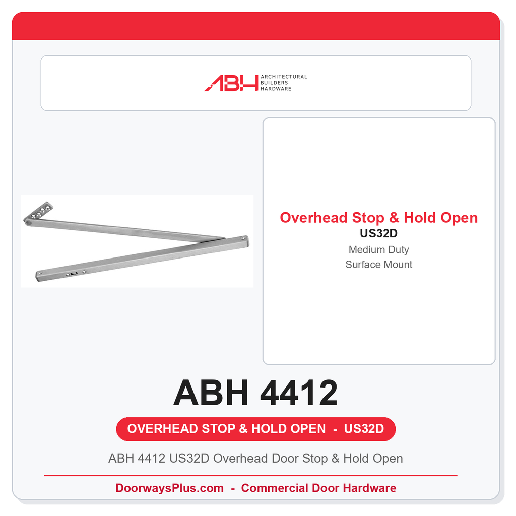 ABH 4412 US32D Overhead Door Stop & Hold Open | Surface Mount Satin Stainless Steel | Medium Duty