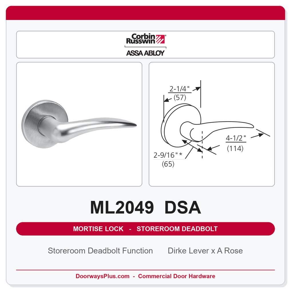 Corbin Russwin ML2049 DSA Storeroom Deadbolt Mortise Lockset | Grade 1 Commercial