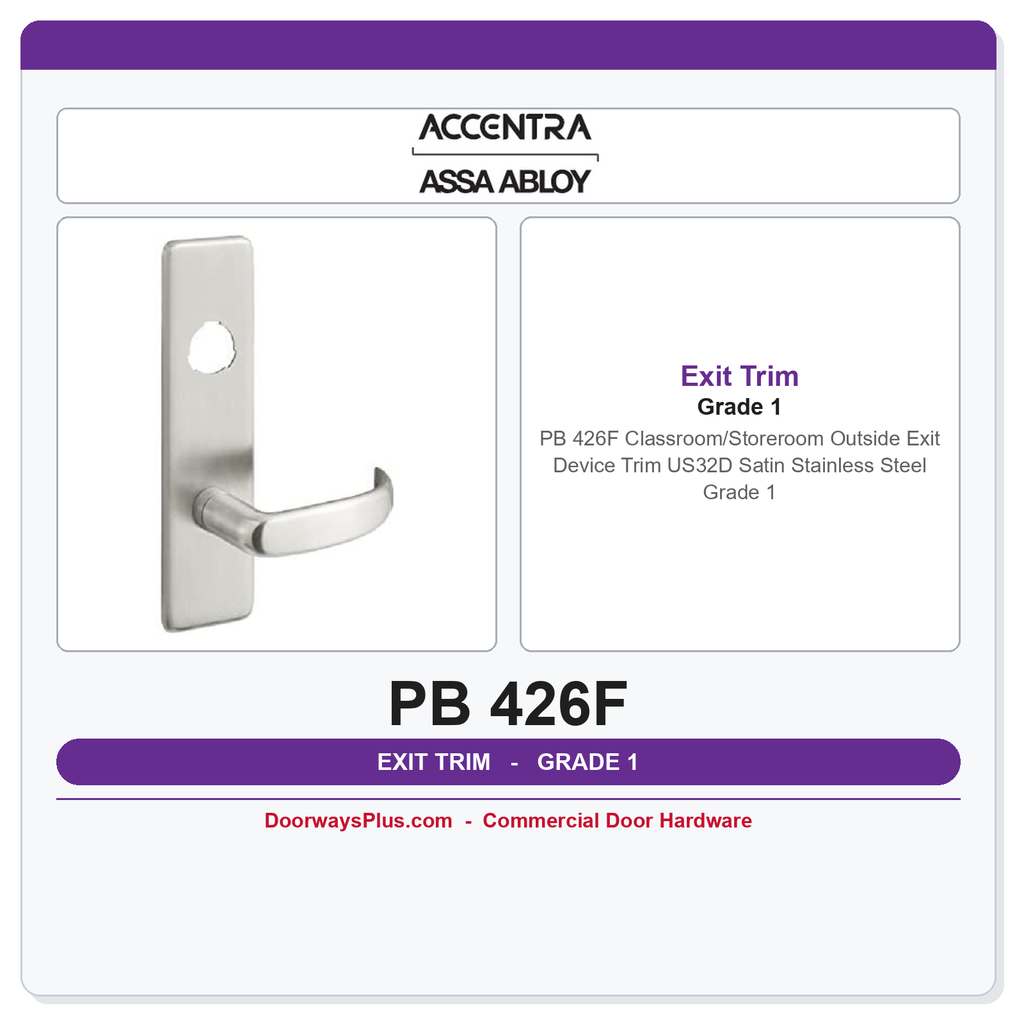 Accentra PB 426F Classroom/Storeroom Outside Exit Device Trim | US32D Satin Stainless | Grade 1