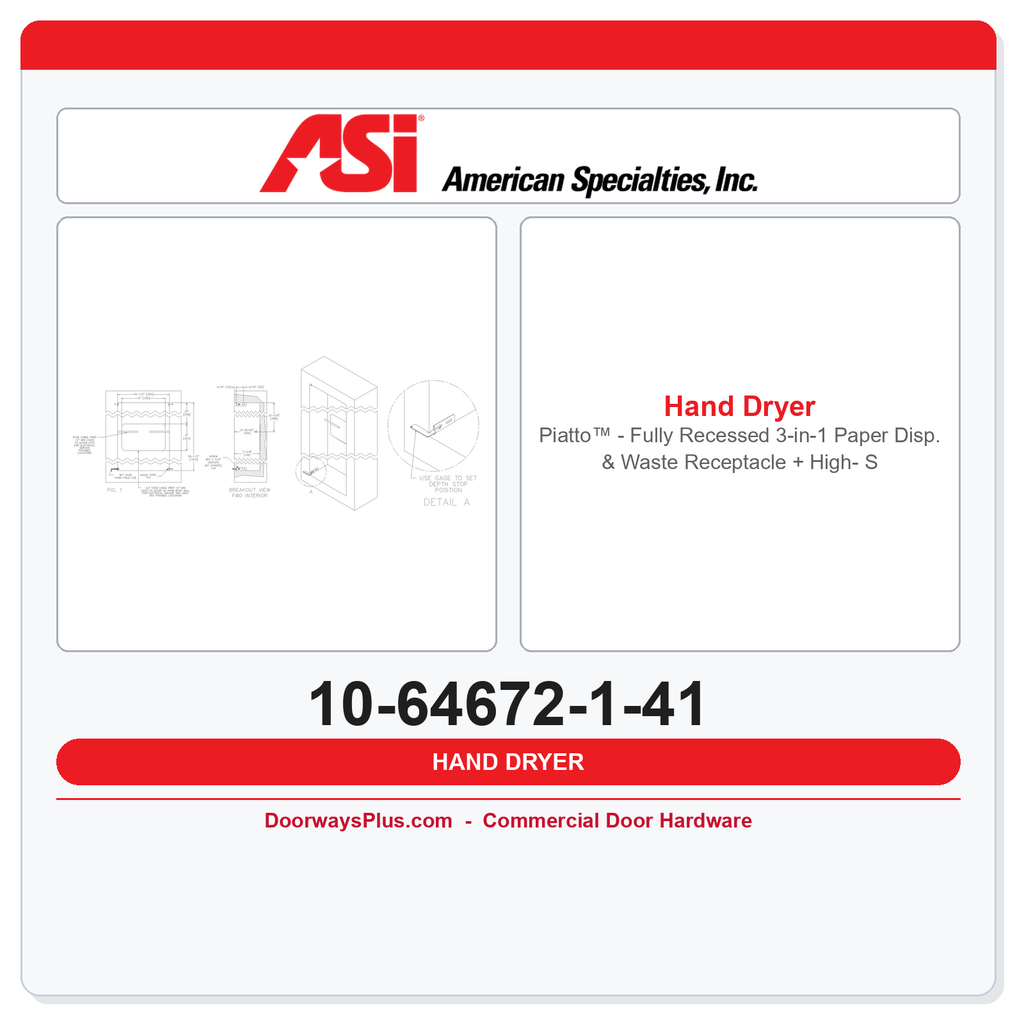 ASI 10-64672-1-41 Piatto™ - Fully Recessed 3-in-1 Paper Disp. & Waste Receptacle + High- Speed Hand Dryer - (110-120V) - Matte Black Phenolic Door