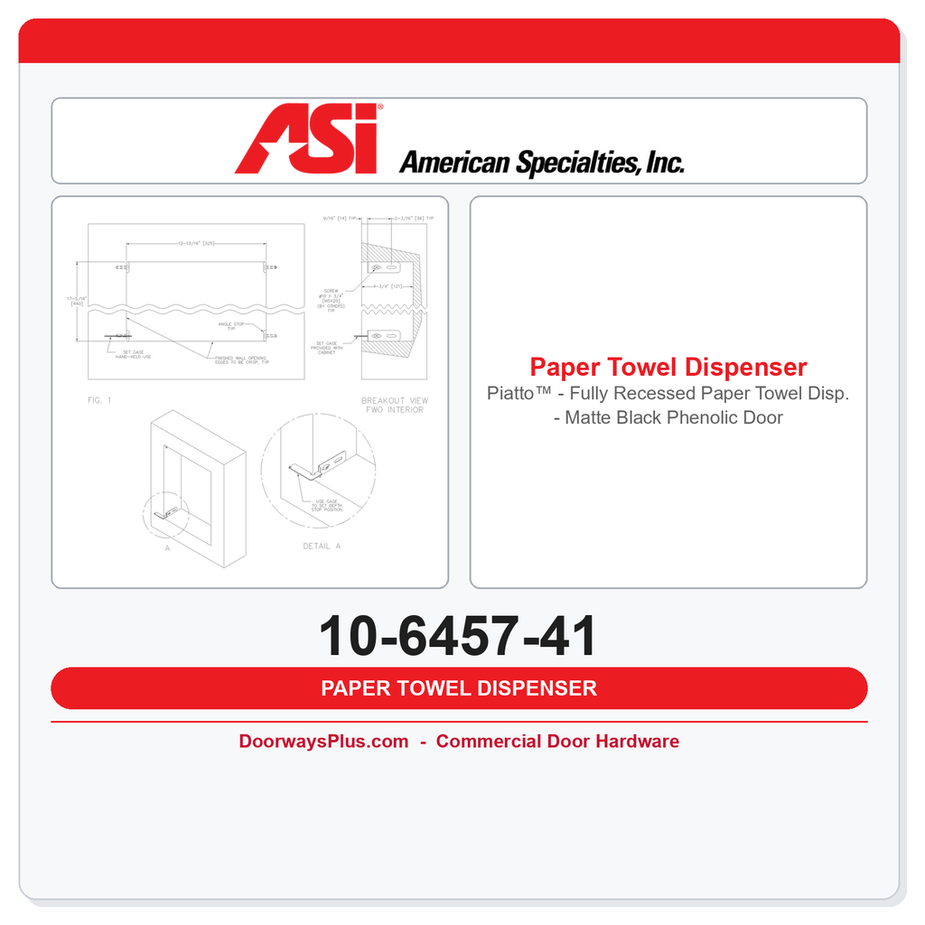ASI 10-6457-41 Piatto™ - Fully Recessed Paper Towel Disp. - Matte Black Phenolic Door