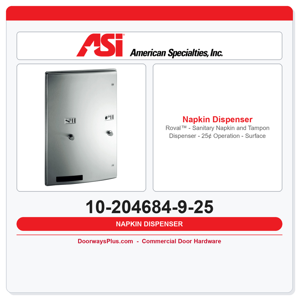ASI 10-204684-9-25 Roval™ - Sanitary Napkin and Tampon Dispenser - 25¢ Operation - Surface Mounted