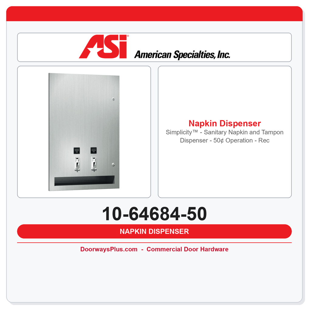 ASI 10-64684-50 Simplicity™ Recessed Dual Sanitary Napkin & Tampon Dispenser – 50¢ Operation