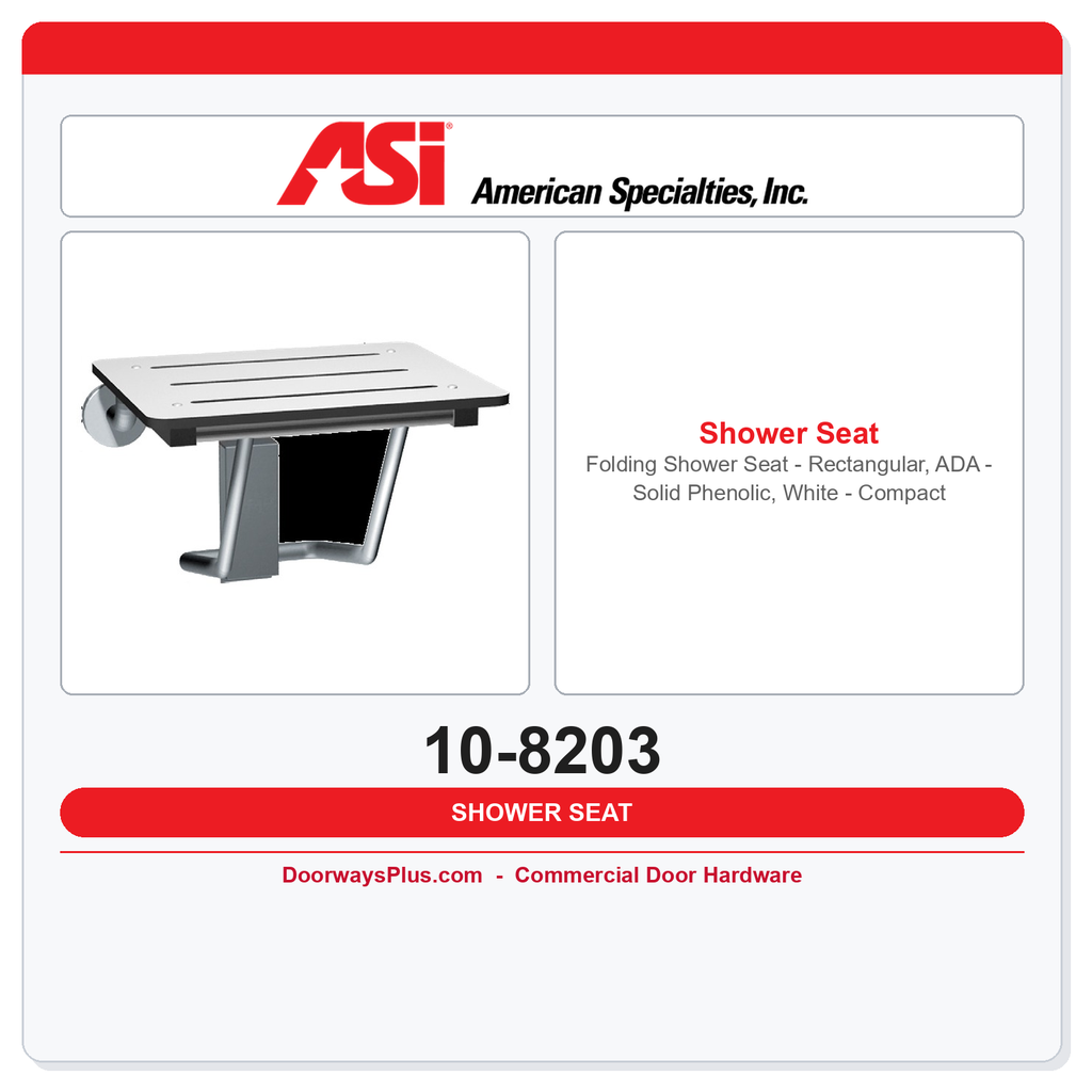 ASI 10-8203 Folding Shower Seat - Rectangular, ADA - Solid Phenolic, White - Compact 18"W