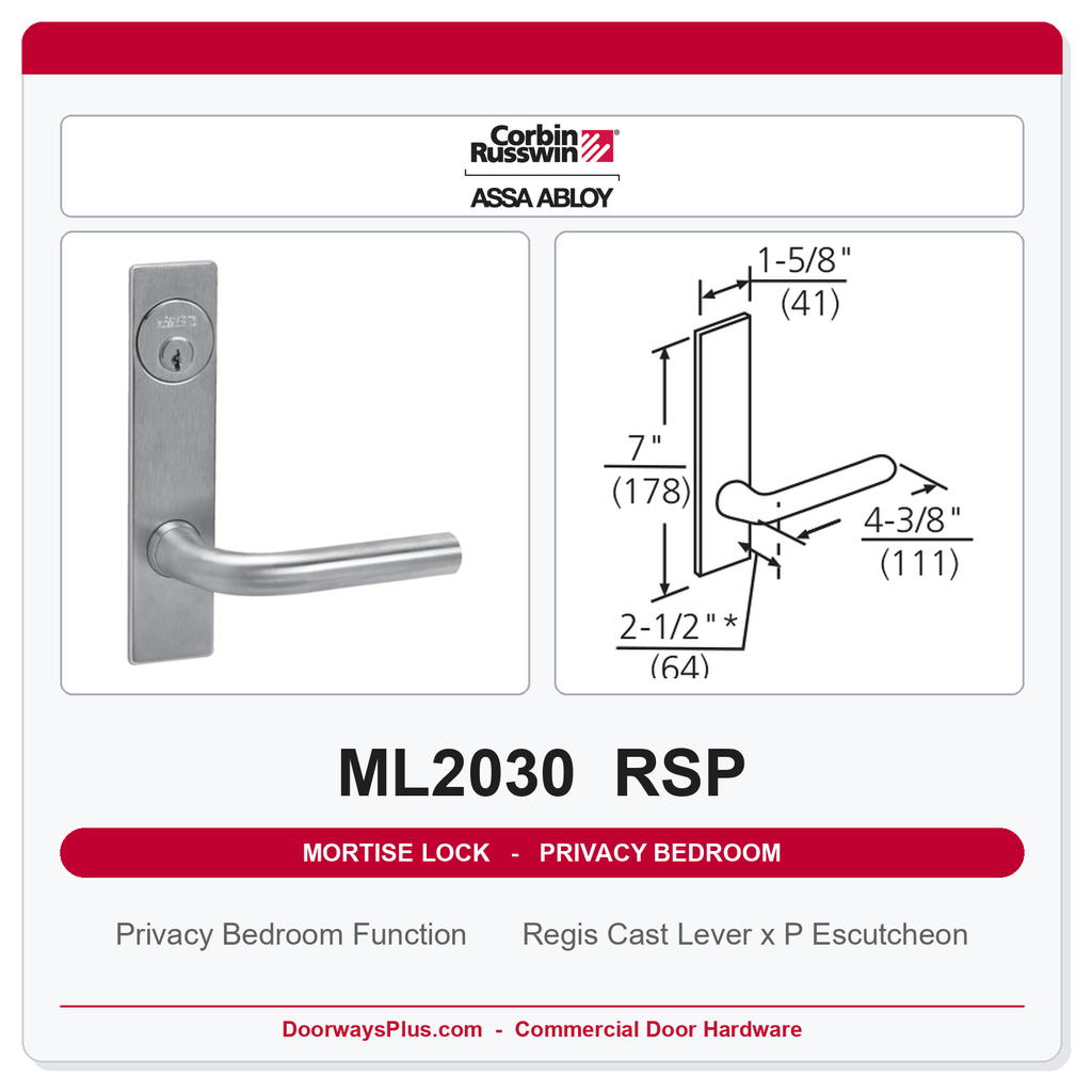 Corbin Russwin ML2030 RSP Privacy Bedroom or Bathroom Mortise Lockset | Grade 1 Commercial