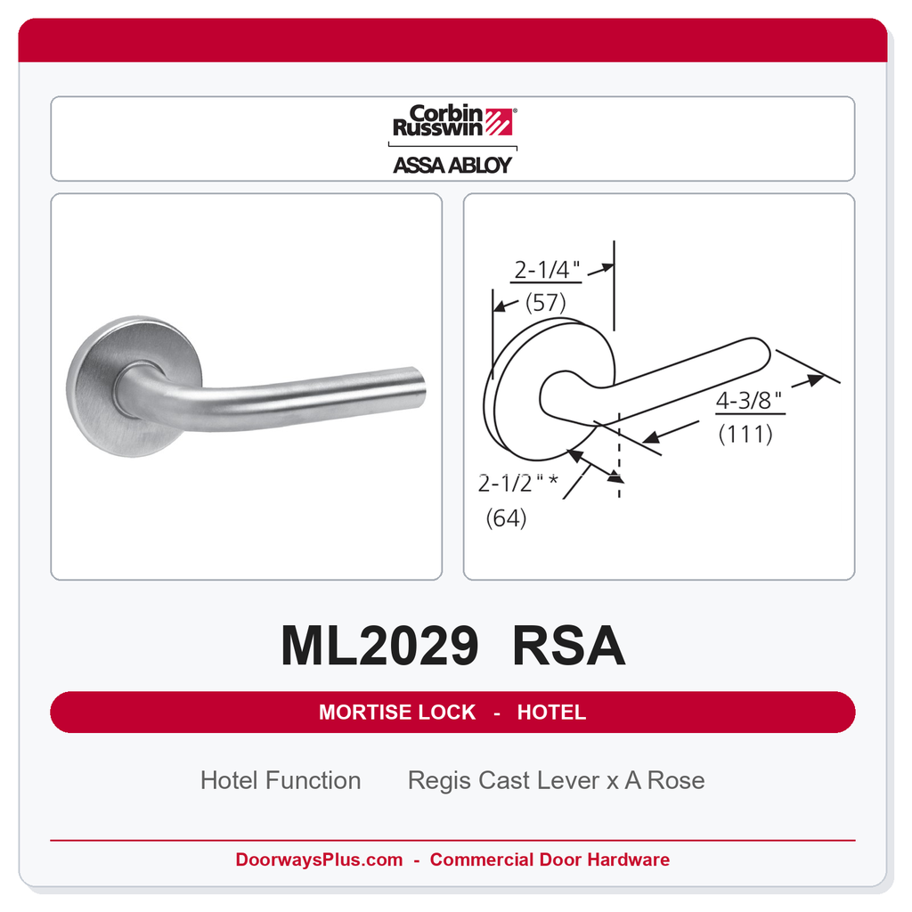 Corbin Russwin ML2029 RSA Hotel or Motel Mortise Lockset | Grade 1 Commercial