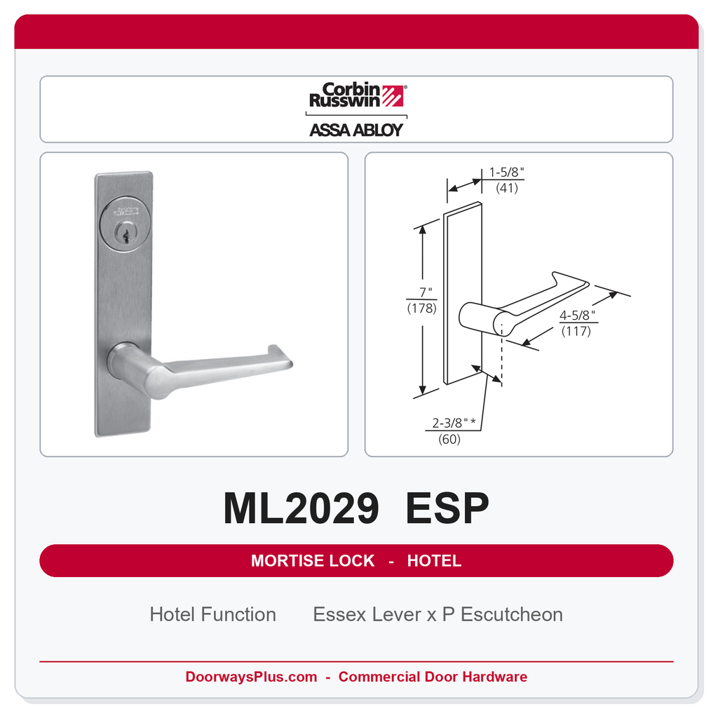 Corbin Russwin ML2029 ESP Hotel or Motel Mortise Lockset | Grade 1 Commercial