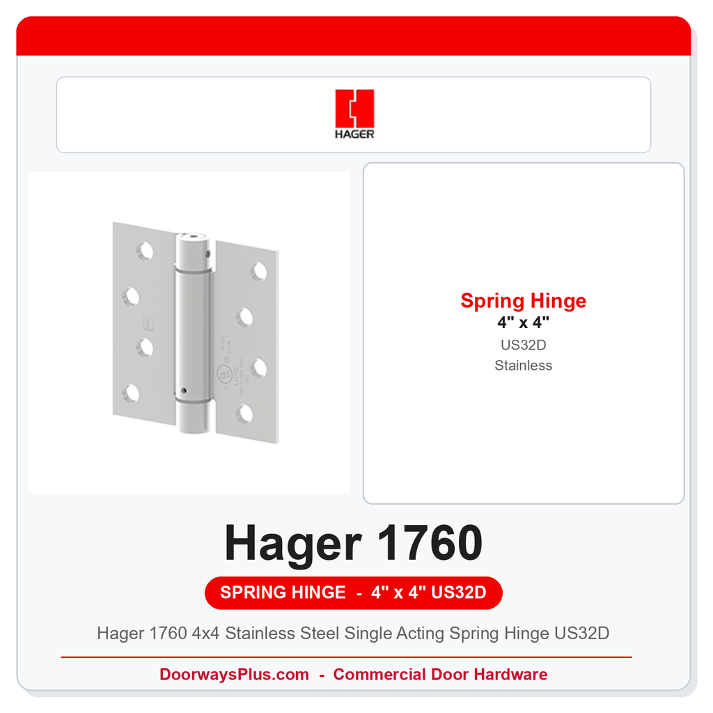 Hager 1760 4x4 Stainless Steel Single Acting Spring Hinge US32D