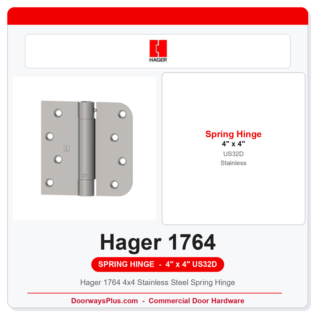Hager 1764 4x4 Stainless Steel Spring Hinge | Square x 5/8" Radius | US32D Satin