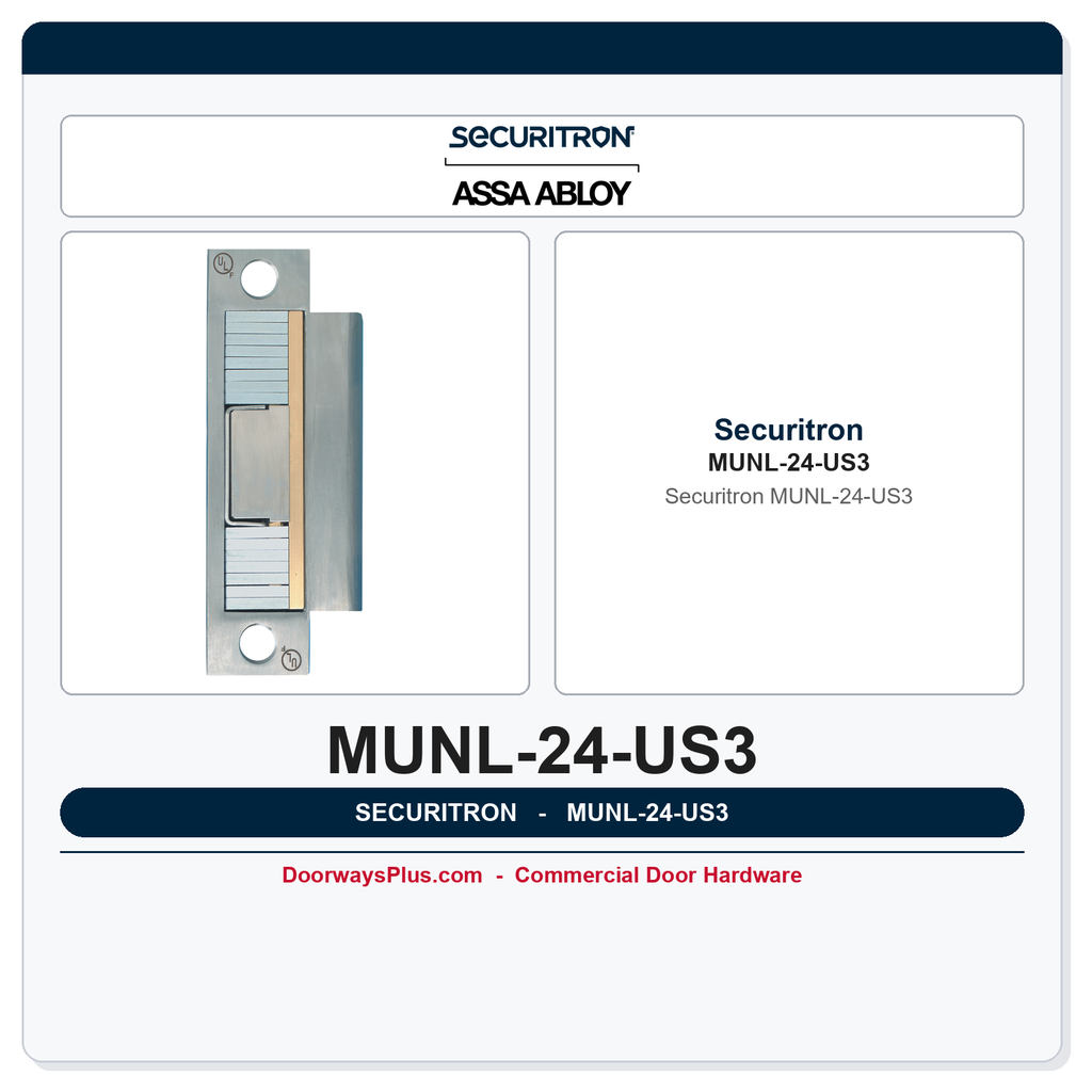 Securitron MUNL-24-US3 UnLatch Electric Strike for Mortise Locks - 24 VDC, Fail Secure, Bright Brass