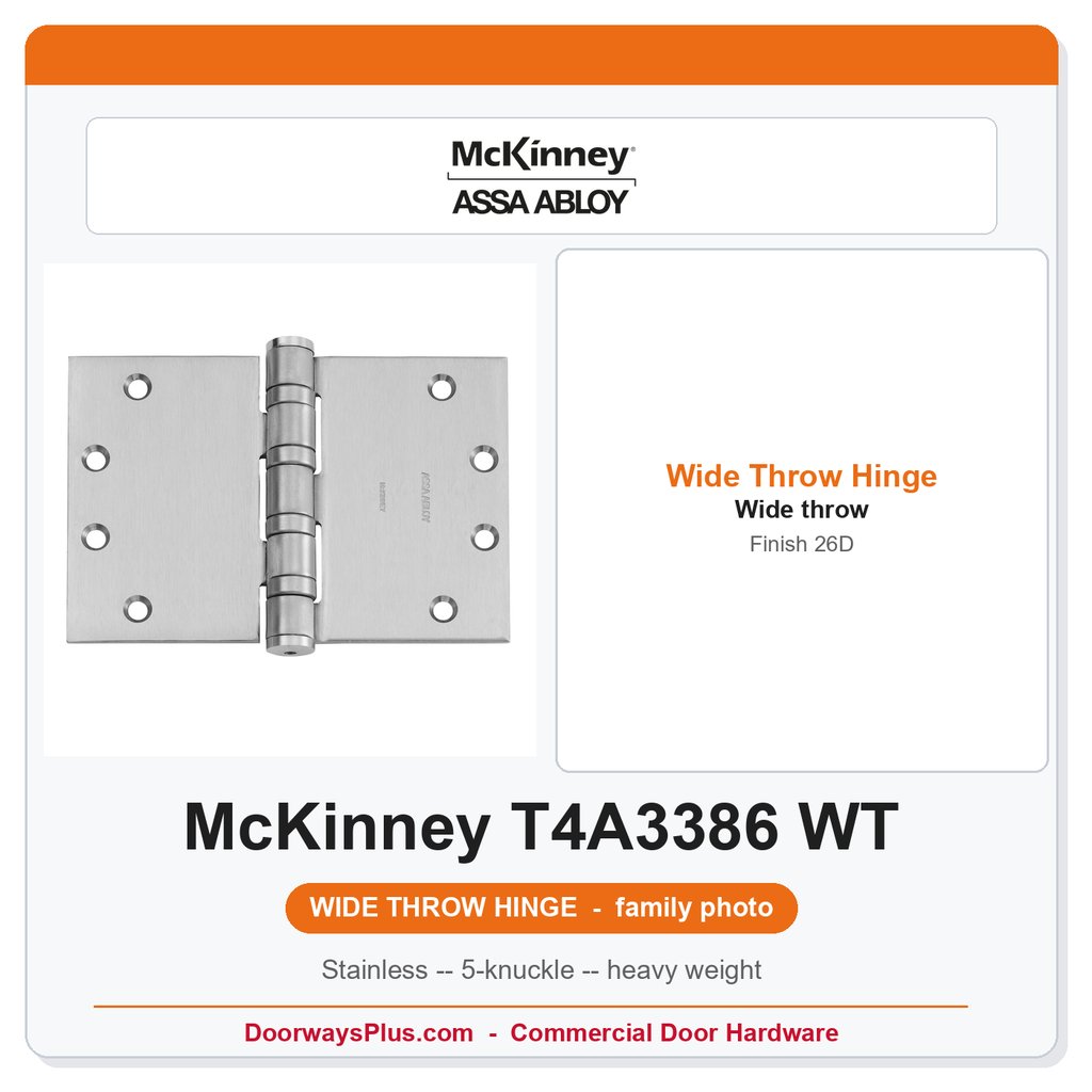 McKinney T4A3386 4-1/2 x 5 Wide Throw Heavy Weight Ball Bearing Hinge