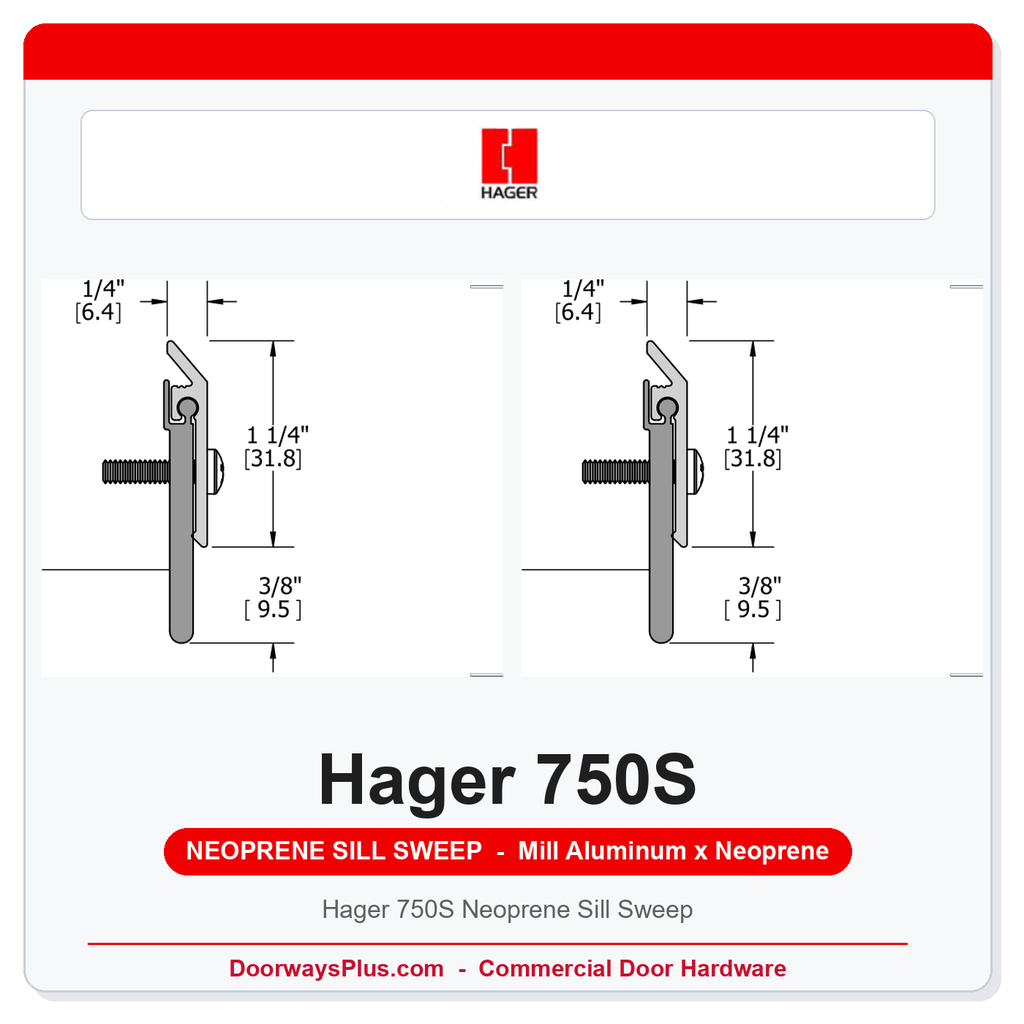 Hager 750S Neoprene Sill Sweep | Mill Aluminum 36" or 48" | UL10C Fire Rated | ANSI R3B435
