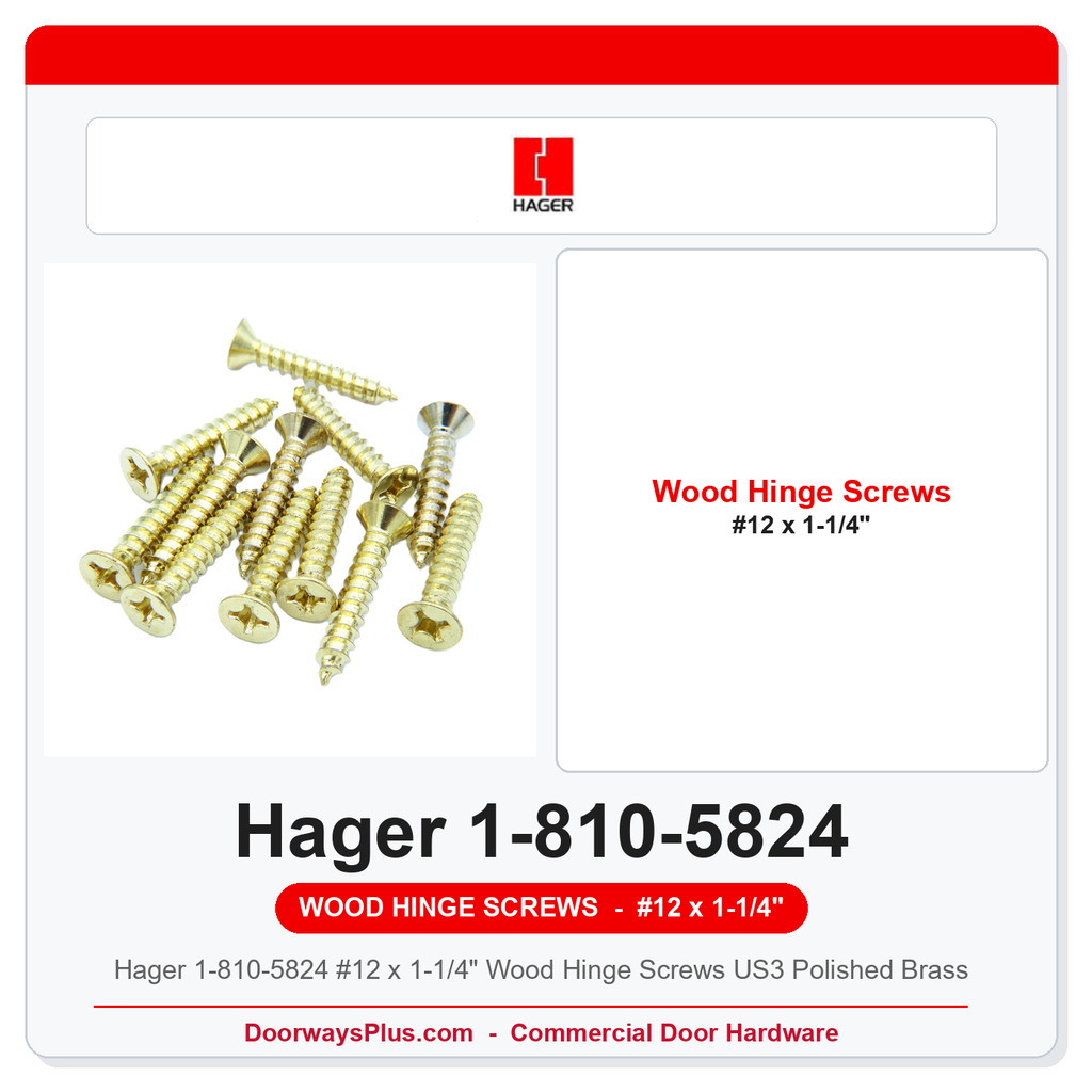 Hager 1-810-5824 #12 x 1-1/4" Wood Hinge Screws US3 Polished Brass | Pkg of 12 or 100