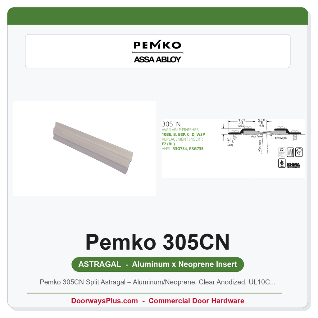 Pemko 305CN Split Astragal – Aluminum/Neoprene, Clear Anodized, UL10C Fire Rated