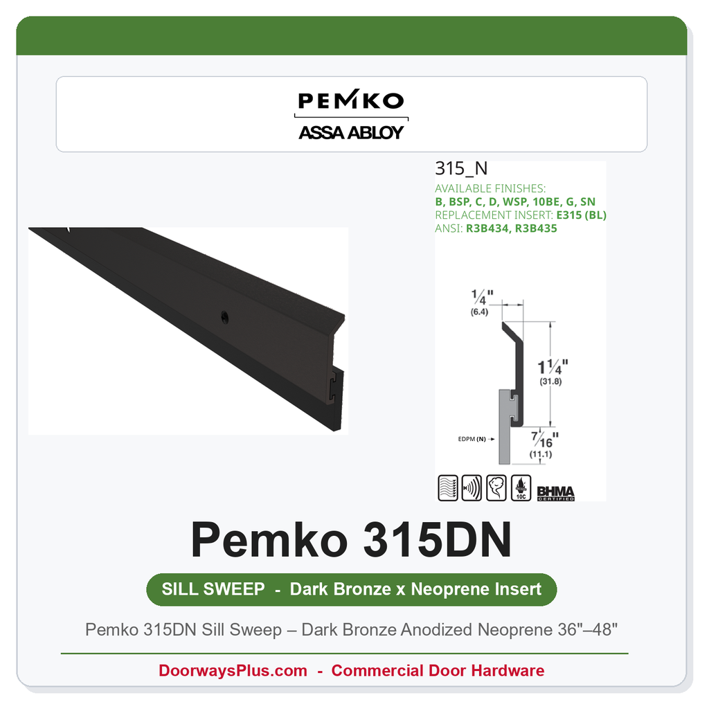 Pemko 315DN Sill Sweep – Dark Bronze Anodized Neoprene 36"–48" | UL 10C Fire Rated