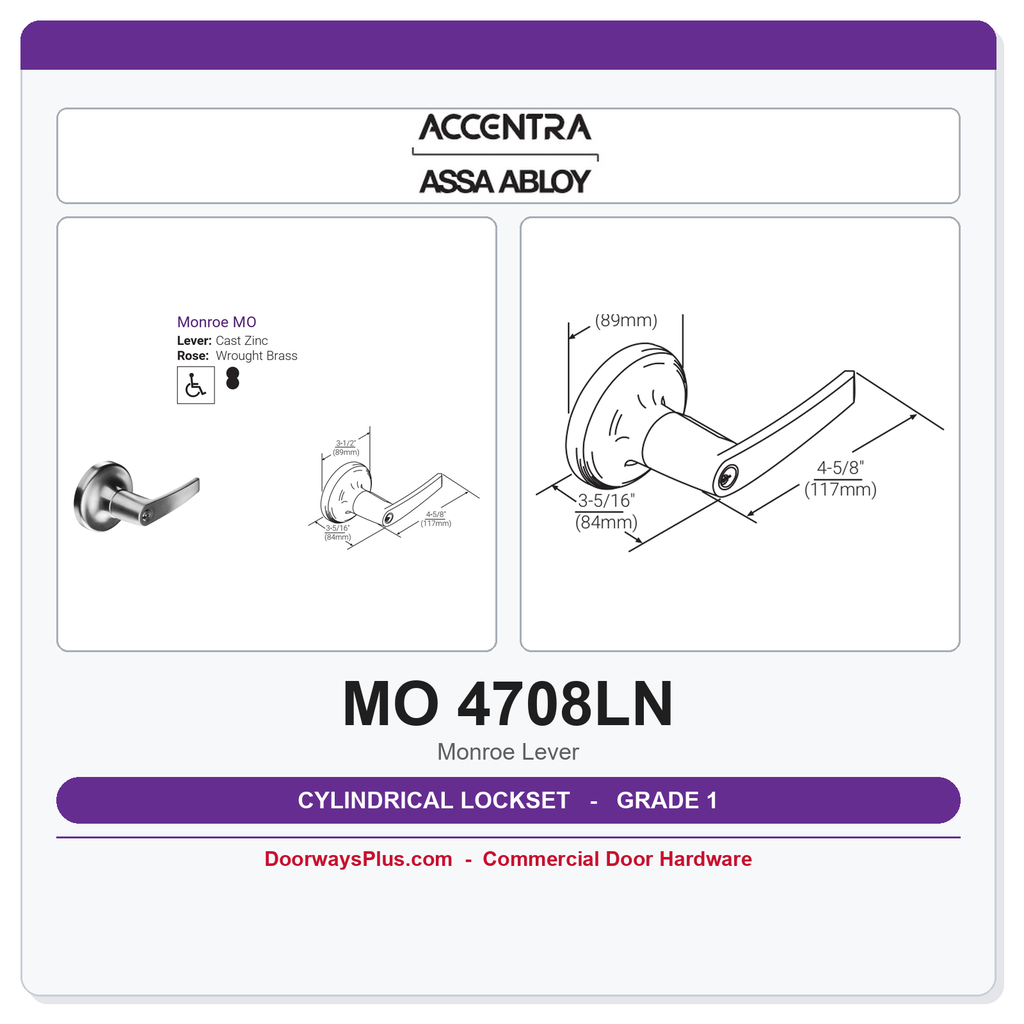 Accentra 4708LN Grade 1 Classroom Cylindrical Lock | Monroe (MO) Lever | ANSI F84 | UL 3-Hr Fire Rated