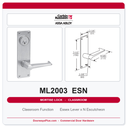 Corbin Russwin ML2003 ESN Classroom Mortise Lockset | Grade 1 UL Listed