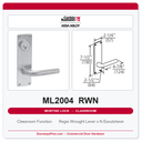 Corbin Russwin ML2004 RWN Classroom Mortise Lockset | Grade 1 Commercial