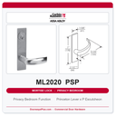 Corbin Russwin ML2020 PSP Privacy Bedroom or Bathroom Mortise Lockset | Grade 1 Commercial