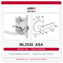 Corbin Russwin ML2030 ASA Privacy Bedroom or Bathroom Mortise Lockset | Grade 1 Commercial